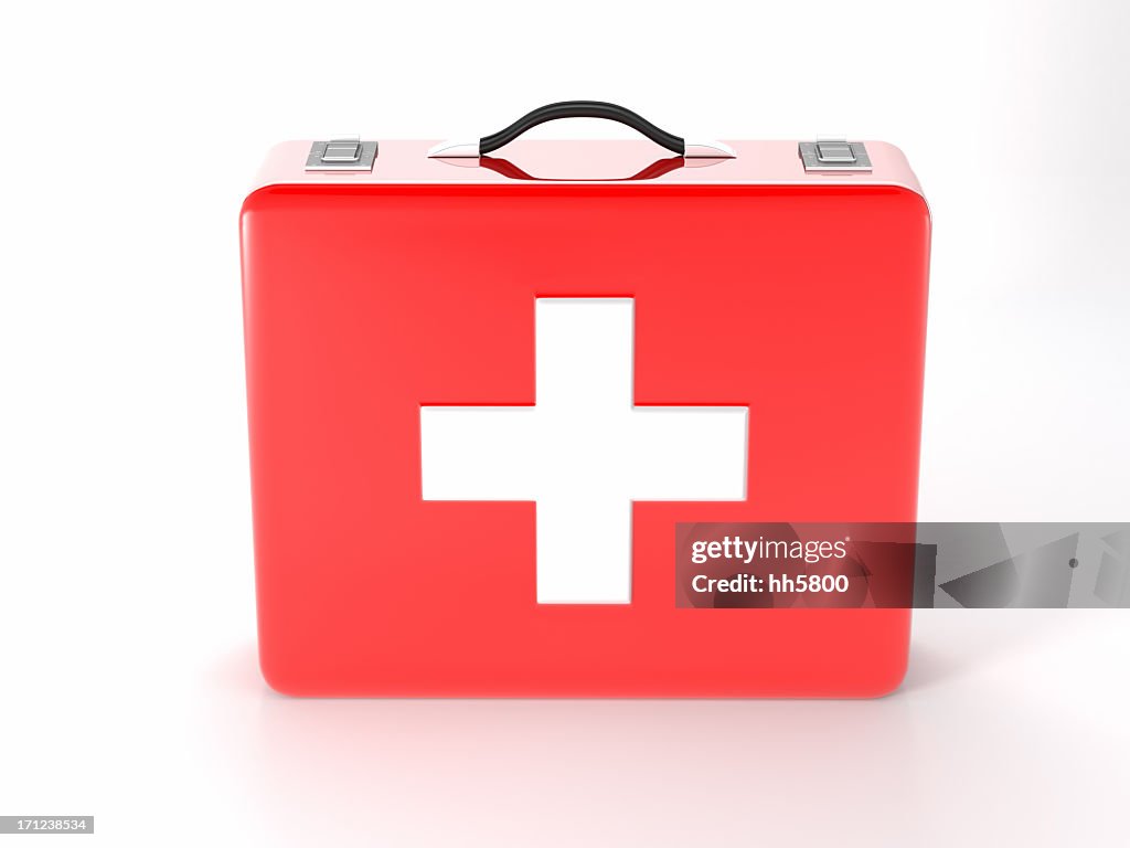 Red with white cross first aid kit on white background