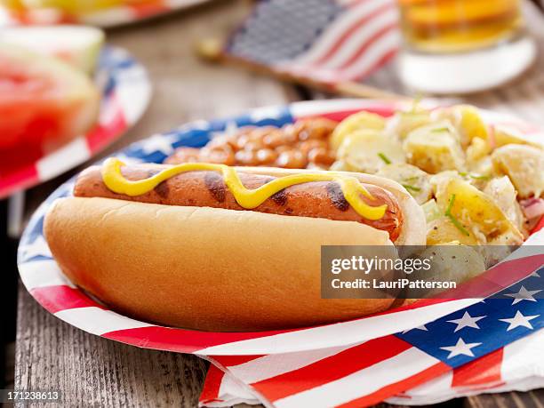 all american hotdog y una cerveza - fourth of july party fotografías e imágenes de stock