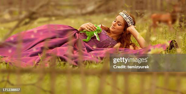 beleza princesa com rã em floresta - príncipe encantado imagens e fotografias de stock
