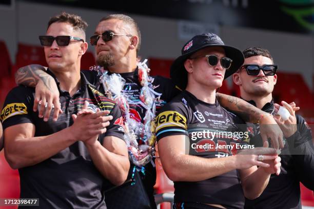 Scott Sorensen of the Panthers, James Fisher-Harris of the Panthers, Jack Cogger of the Panthers and Nathan Cleary of the Panthers greet fans during...