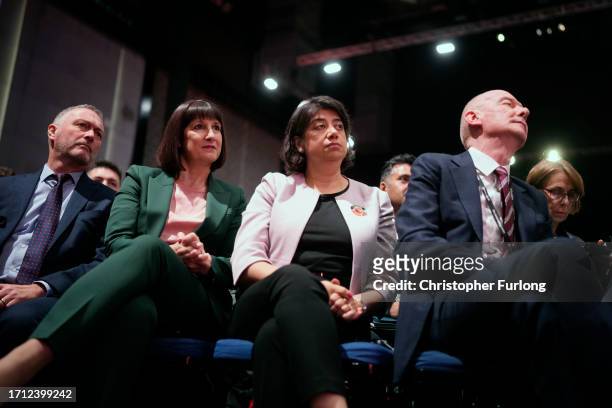 Rachel Reeves and Pat McFadden watch on during day one of the annual Labour party conference on October 08, 2023 in Liverpool, England. The Labour...