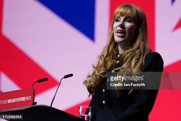 Deputy Leader, Shadow Deputy Prime Minister and Shadow Secretary of State for Levelling Up, Housing and Communities Angela Rayner addresses delegates...