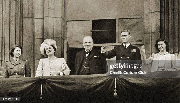 Winston Churchill with Princess Elizabeth, Queen Elizabeth, King George VI, and Princess Margaret, waving from the balcony of Buckingham Palace on...