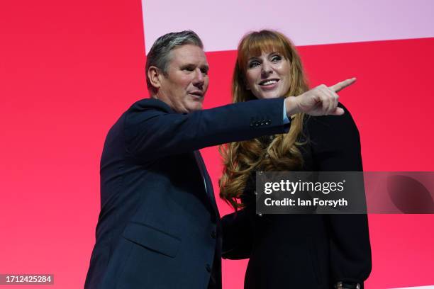 Labour party leader, Sir Keir Starmer, gestures after congratulating Deputy Leader, Shadow Deputy Prime Minister and Shadow Secretary of State for...