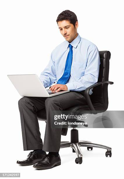 handsome businessman using laptop - isolated - office chair stock pictures, royalty-free photos & images