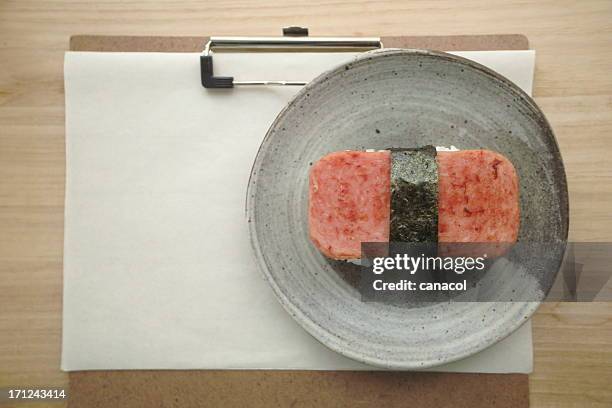 spam rice ball - spam stock pictures, royalty-free photos & images