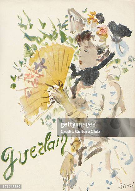 Guerlain advertisement designed by French illustration artist Birard. Shows woman in flowered, summer or spring, holding fan. From French Magazine '...