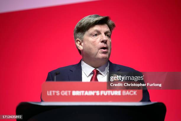 David Evans, general secretary of the Labour Party, addresses delegates on day one of the annual Labour party conference on October 08, 2023 in...