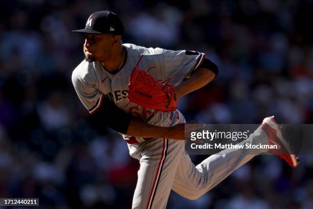 Pitcher Jorge Alcala of the Minnesota Twins throws against the Colorado Rockies in the eighth inning at Coors Field on October 01, 2023 in Denver,...