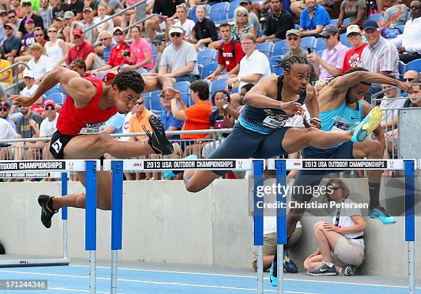 Ryan Wilson, Aries Merritt and Jason Richardson compete in the Men's 100 Meter Hurdles final on day four of the 2013 USA Outdoor Track & Field...