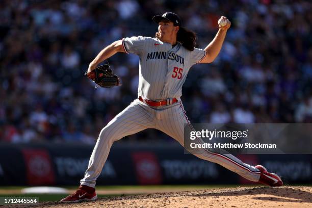 Pitcher Kody Funderburk of the Minnesota Twins throws against the Colorado Rockies in the tenth inning at Coors Field on October 01, 2023 in Denver,...