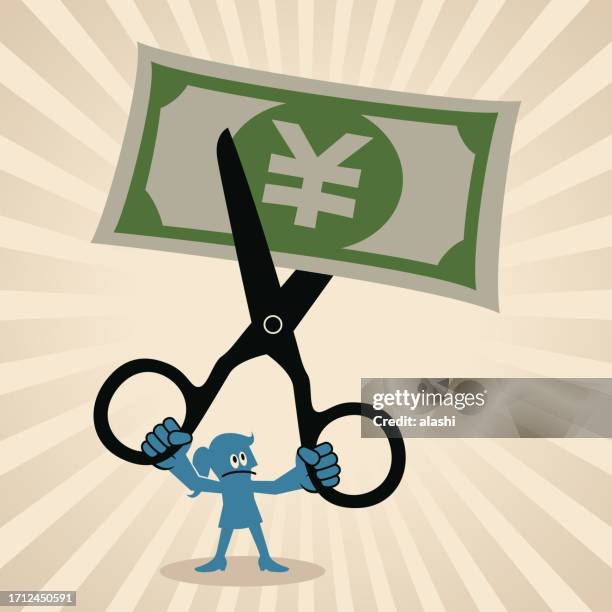 cut costs concept, a businesswoman cutting banknotes with scissors - cutting costs stock illustrations