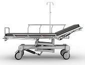 Side-profile view of stretcher parked on white background