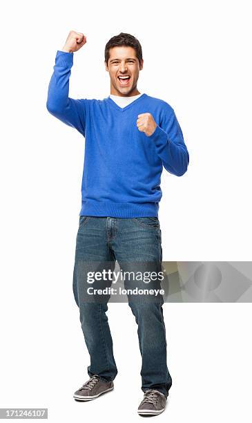 handsome young man cheering - isolated - blue sweater stockfoto's en -beelden