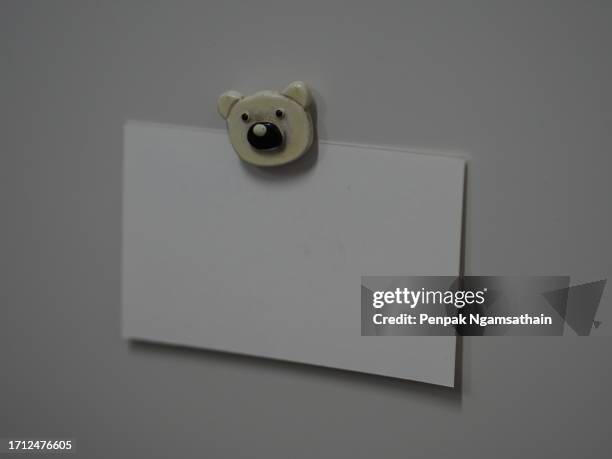 bear-face magnet holds notes against the wall of a metal cabinet - magnetwand stock-fotos und bilder