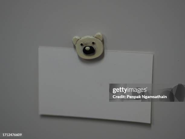 bear-face magnet holds notes against the wall of a metal cabinet - magnetwand stock-fotos und bilder