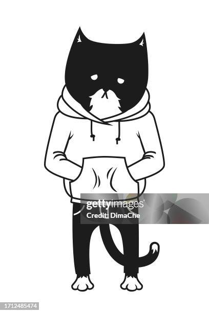 sad cat in hoodie and jeans - pet clothing stock illustrations