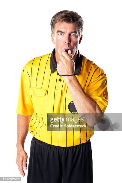 soccer referee giving blowing whistle - referee isolated stock pictures, royalty-free photos & images