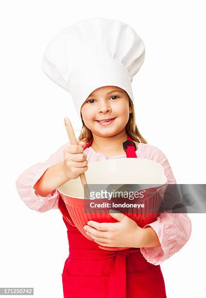 little girl holding a bowl and whisk - isolated - apron isolated stockfoto's en -beelden