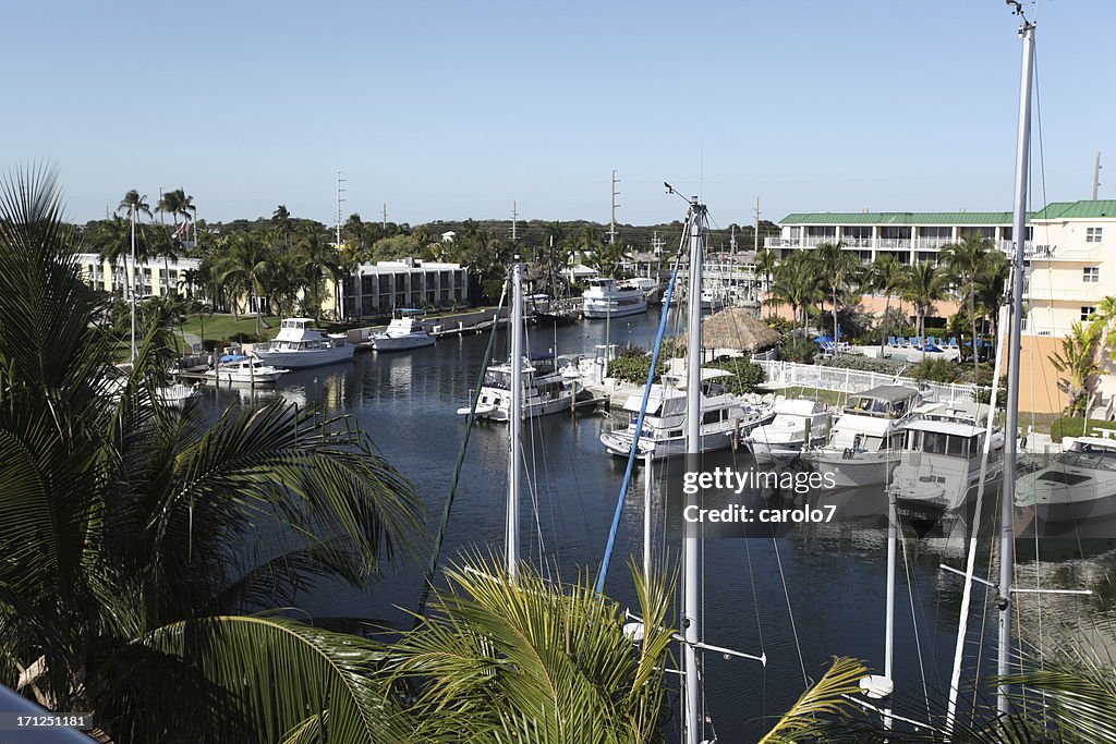 Harbor marina on Key Largo, Florida. Yachts. Copy space. Horizontal.