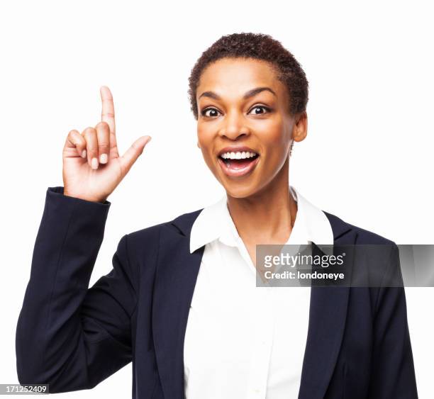 african american female executive with an idea - isolated - business woman pointing stock pictures, royalty-free photos & images