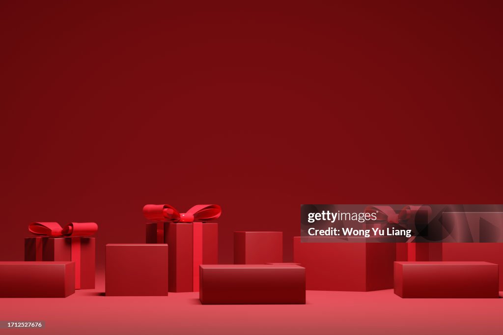 Christmas red background with presents, 3D render