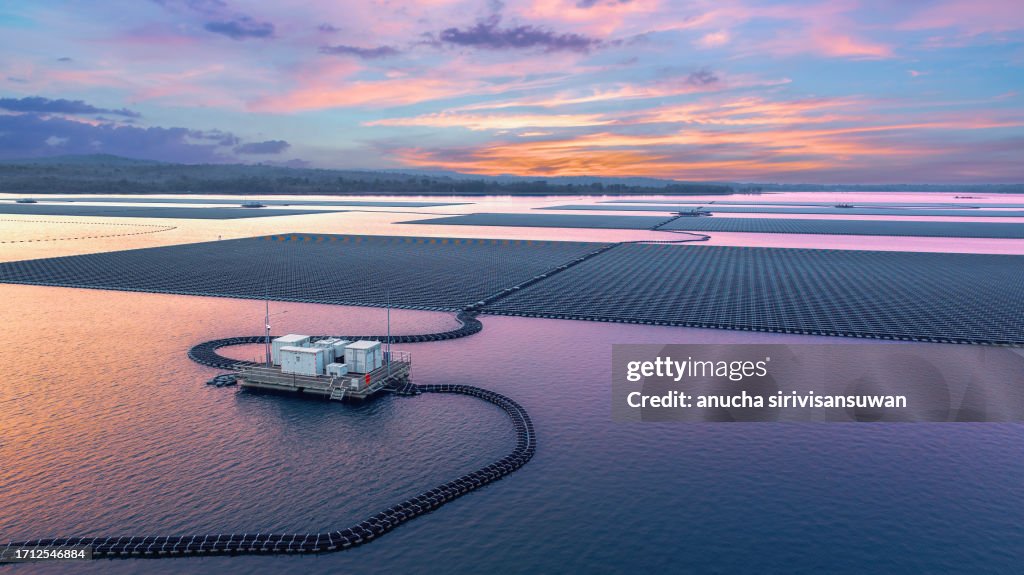 Solar panel station on water in natural dam in twilight light