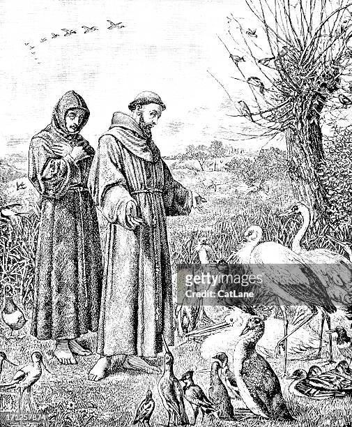 st. francis preaching to the birds - victorian ilustration - saint francis of assisi stock illustrations