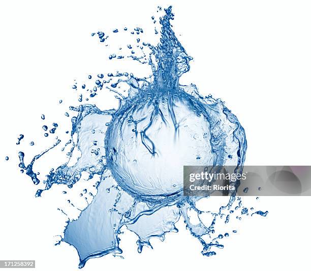 blue water splash - water sphere stock pictures, royalty-free photos & images