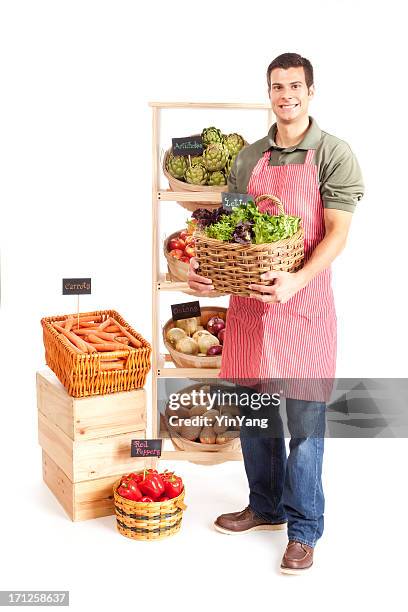 small business local grocery store shop owner on white background - groenteboer stockfoto's en -beelden