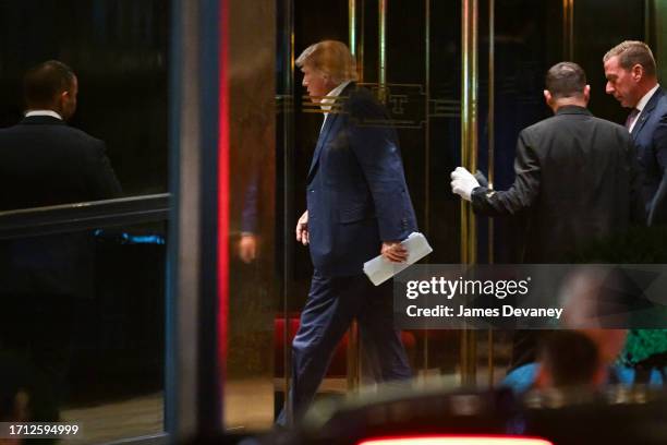 Former U.S. President Donald Trump arrives at Trump Tower on October 01, 2023 in New York City.
