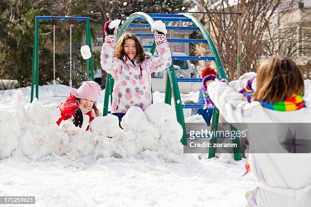 snow fight - kids fort stock pictures, royalty-free photos & images