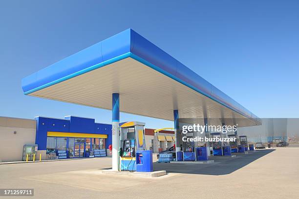 modern blue service station - benzinestation stockfoto's en -beelden