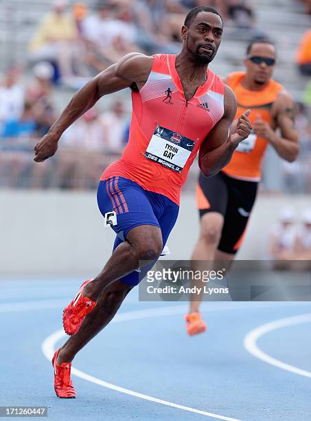 Tyson Gay runs to victory in the 200 Meter on day four of the 2013 USA Outdoor Track & Field Championships at Drake Stadium on June 23, 2013 in Des...