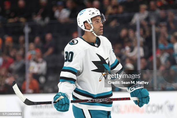 Justin Bailey the San Jose Sharks looks on during the third period of a preseason game against the Anaheim Ducks at Honda Center on September 27,...