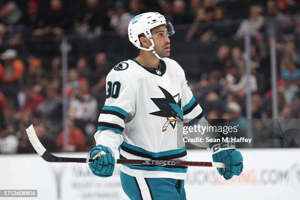 Justin Bailey the San Jose Sharks looks on during the third period of a preseason game against the Anaheim Ducks at Honda Center on September 27,...