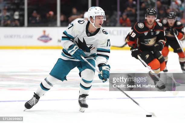 Thomas Bordeleau of the San Jose Sharks controls the puck during the third period of a preseason game against the Anaheim Ducks at Honda Center on...