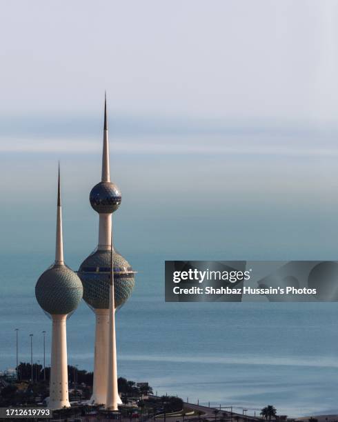 kuwait towers top view - kuwait towers stock pictures, royalty-free photos & images