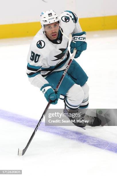 Justin Bailey the San Jose Sharks skates prior to a preseason game against the Anaheim Ducks at Honda Center on September 27, 2023 in Anaheim,...