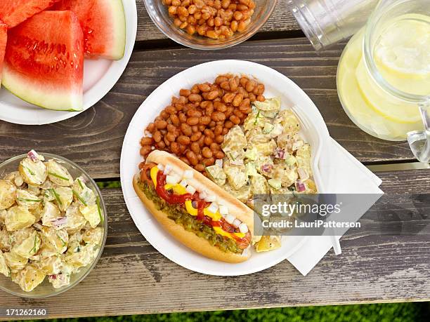 bbq hotdog with lemonade - side dish stock pictures, royalty-free photos & images