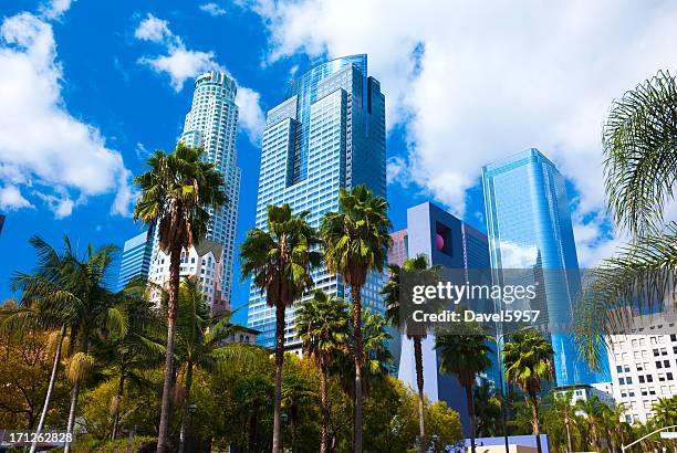 los angeles skyscrapers, clouds, and palm trees - city of los angeles stock pictures, royalty-free photos & images