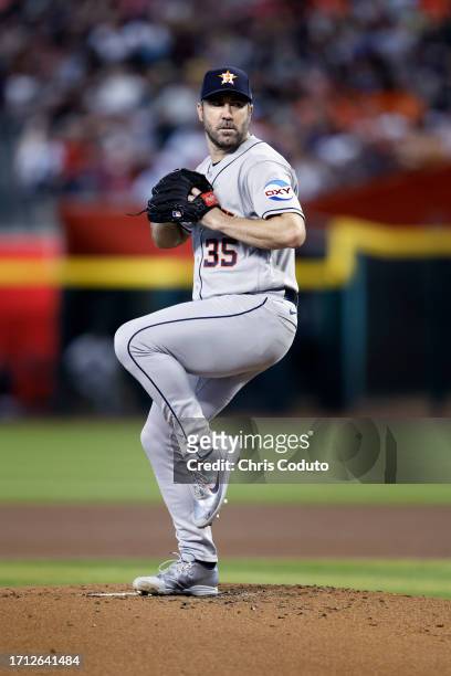 Justin Verlander of the Houston Astros pitches against the Arizona Diamondbacks during the game at Chase Field on September 30, 2023 in Phoenix,...