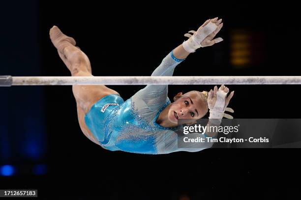 October 01: Alice D'Amato of Italy performs her routine on the uneven bars during Women's Qualification at the Artistic Gymnastics World...