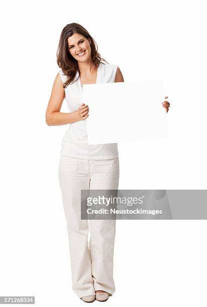 attractive young woman holding a blank sign - isolated - placard stock pictures, royalty-free photos & images
