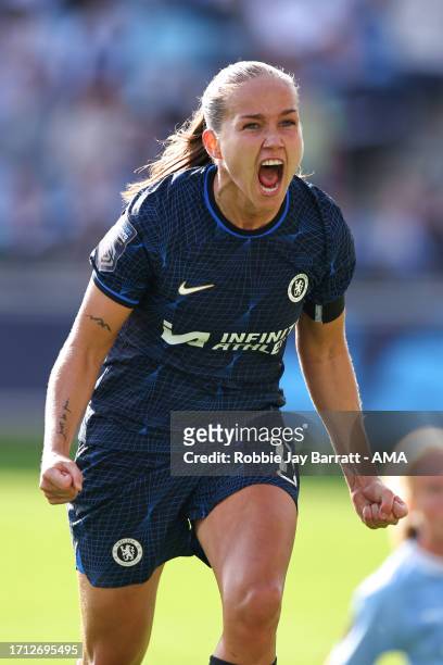 Guro Reiten of Chelsea Women celebrates after scoring a goal to make it 1-1 during the Barclays Women's Super League match between Manchester City...