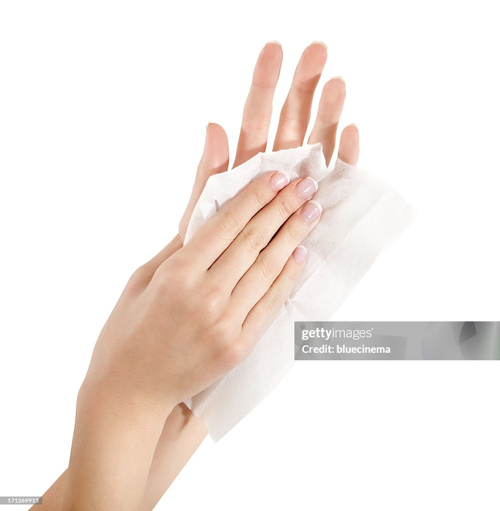 Woman wipes his hands