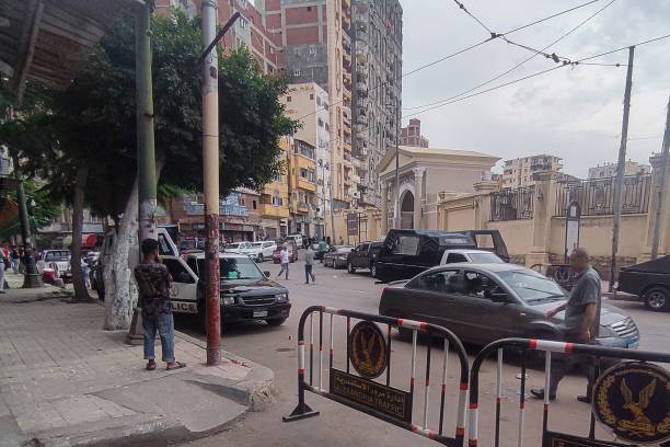 Egyptian police cordon off the site where a a policeman killed two Israeli tourists and one Egyptian in Alexandria on October 8, 2023. The policeman...