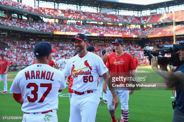 Adam Wainwright of the St. Louis Cardinals leaves the field after a game against the Cincinnati Reds at Busch Stadium on October 1, 2023 in St Louis,...