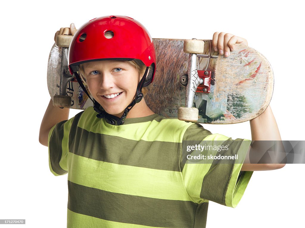 Boy Holding a Skateboard on the White Background