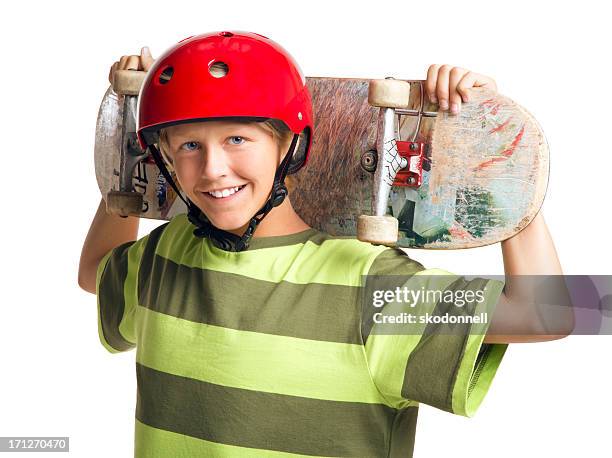 boy holding a skateboard on the white background - holding skateboard stock pictures, royalty-free photos & images